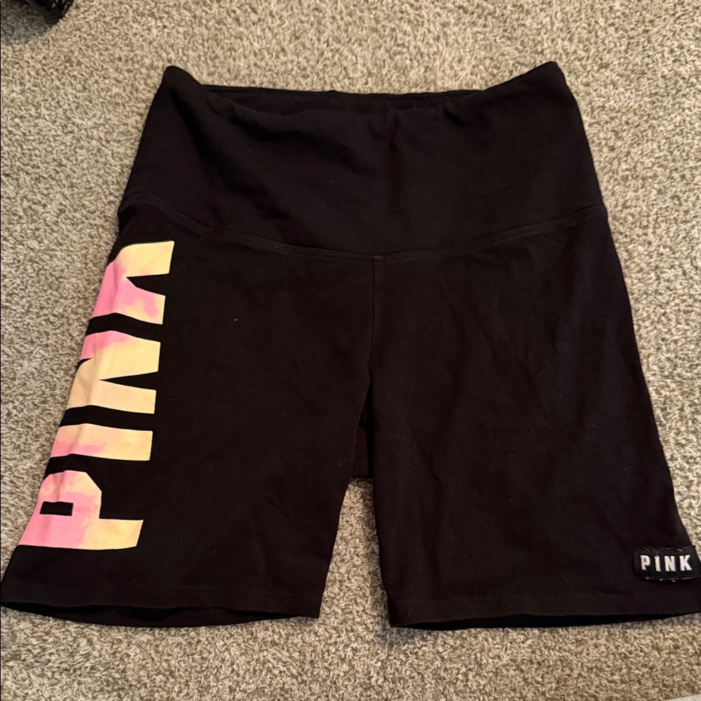 PINK Victoria's Secret Black Bike Shorts with Pink and Yellow Logo